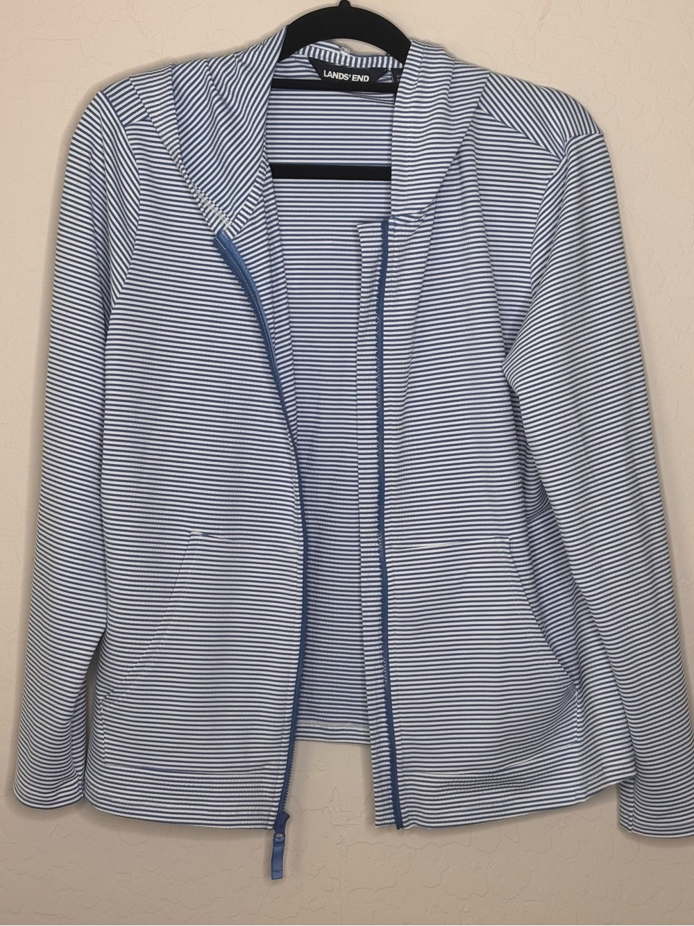 Lands End Blue & White Striped Hooded Long Sleeve Zip Rash Guard Petite Large